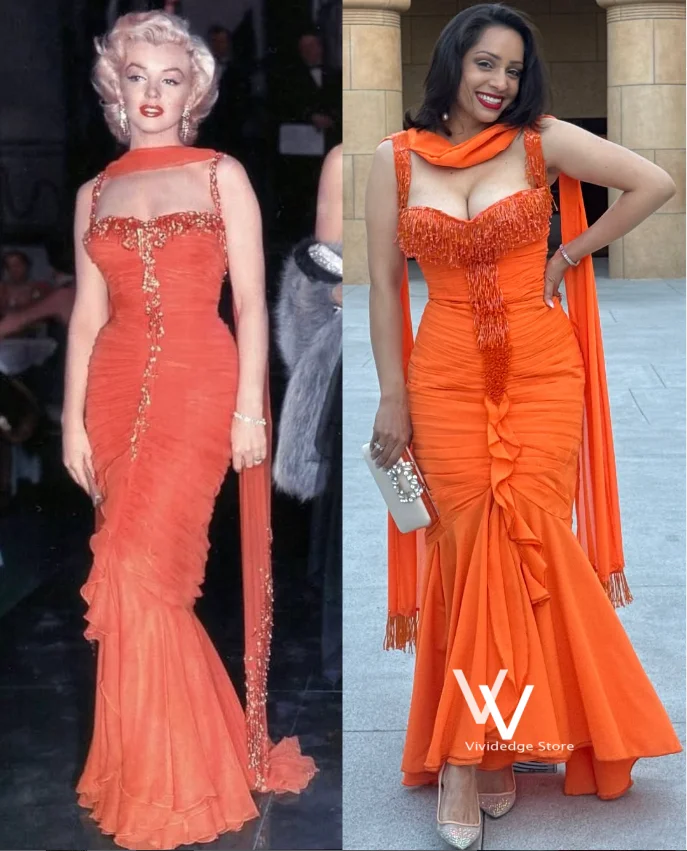 Klassisches orangefarbenes Meerjungfrauen-Luxus-Abendkleid mit Spaghettiträgern, perlenbesetzt, auffällige Falten, Vintage-Promi-Abschlussballkleid, maßgeschneidert