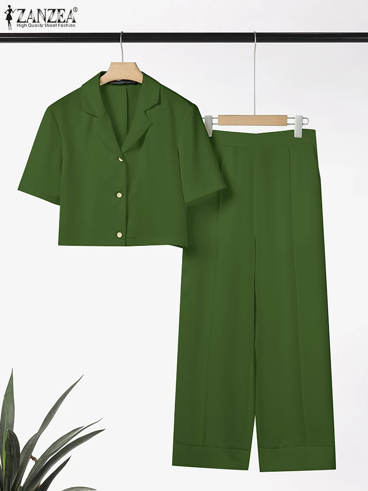2025 ZANZEA الصيف بانت مجموعات موضة 2 قطعة ملابس النساء قصيرة الأكمام التلبيب قميص بنطلون الدعاوى عادية الصلبة العمل OL رياضية
