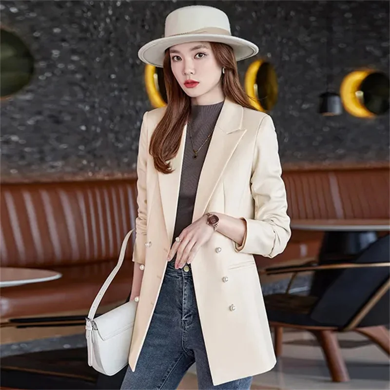 Lente Herfst Mid-Long Pak Jas Vrouwen 2024 Nieuwe Losse Kraag Jas Double-Breasted Blazer Mode Knoop Bovenkleding Dames