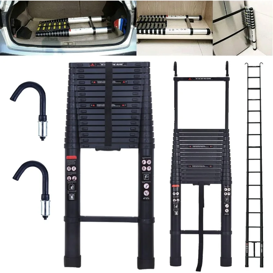 20.5ft 6.2M Black Aluminium Loft Ladder Telescoping Ladder with Hooks Extendable Easy to Store Delicate Design Max Load 330lb A