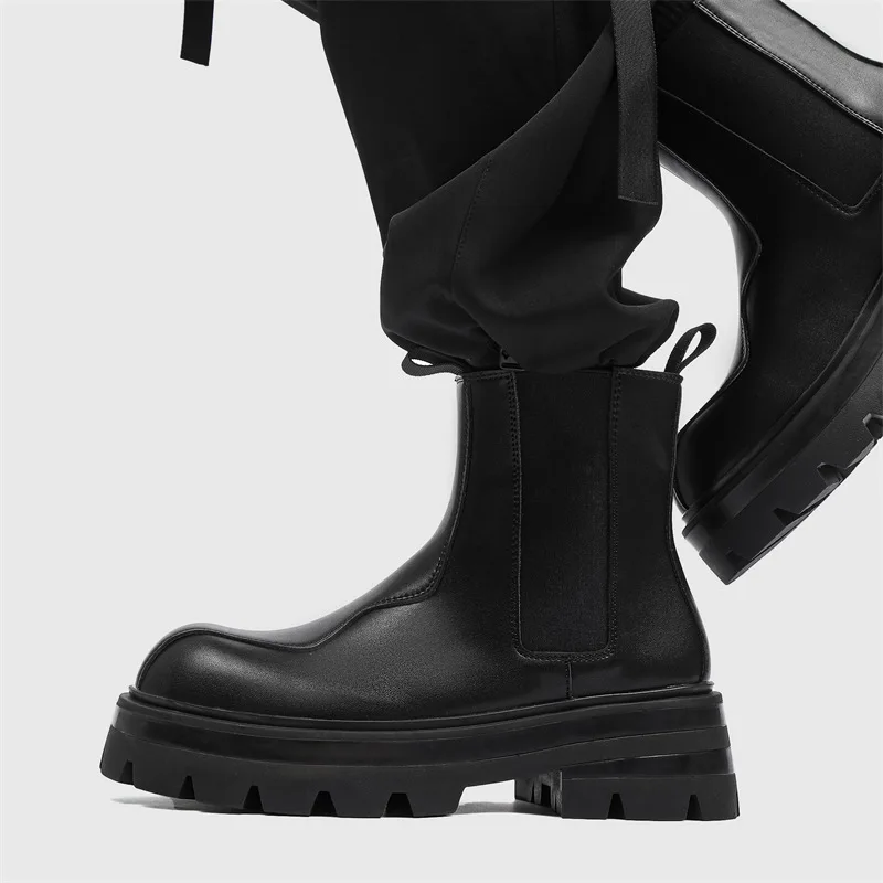 

Men Boots Chelsea Genuine Leather Slip On Platform Increasing Ankle Shoes Casual High Street Vintage Gothic Black Sneakers