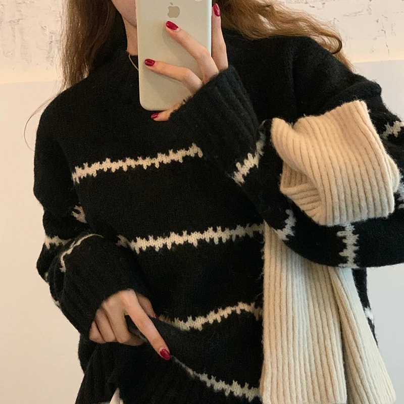

Autumn Winter Casual Stiped Sweater Women Knitted Shirts Long Sleeve Loose Mock Neck Outwear Pullover Sweaters Tops Knitwear