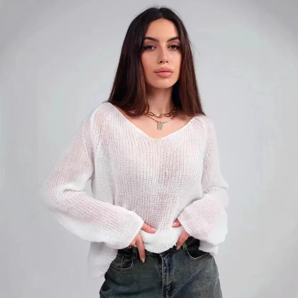 

V-neck Long Sleeved Pullover Casual Sweater Women 2026 Autumn/Winter Knitted Jumper Fashion Solid Color Loose Thin Top Clothes