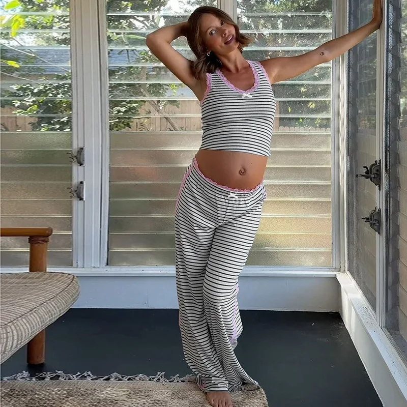 

Women's Clothing 2026 Spring and Summer New Casual Suit Striped Suspender Top Elastic Waist Lace-up Trousers Loungewear