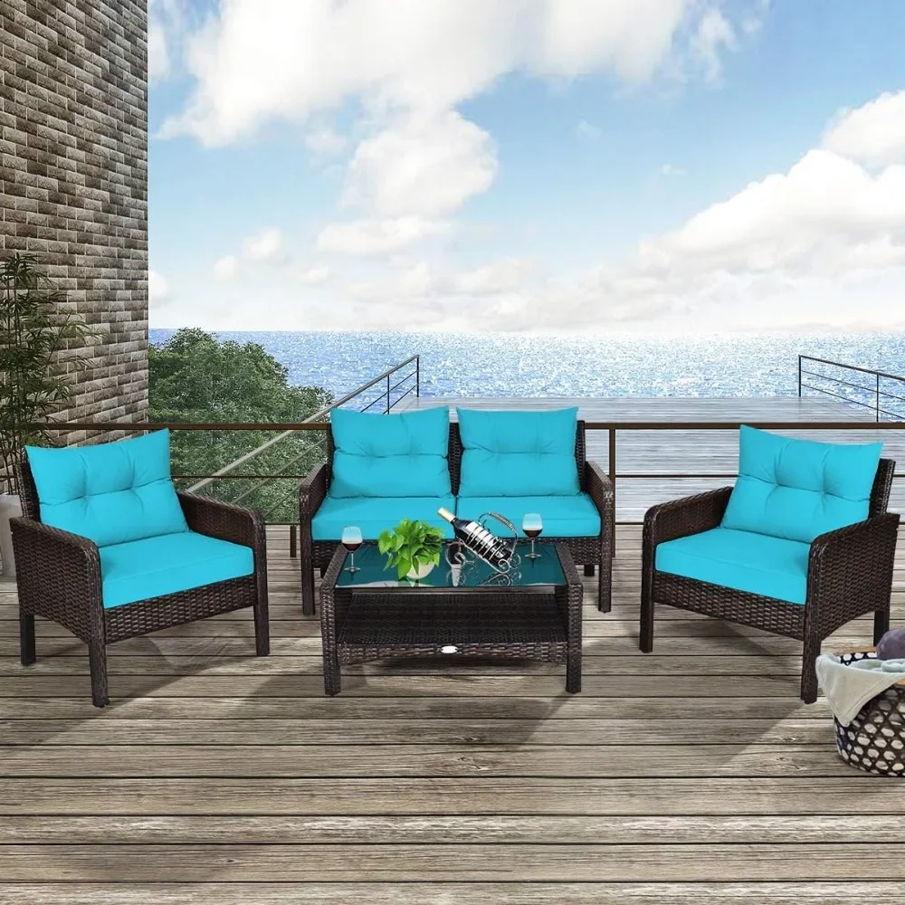 

4 Piece Patio Furniture Set, Outdoor Wicker Conversation Set with Glass Top Coffee Table, Outdoor Patio Furniture Sets