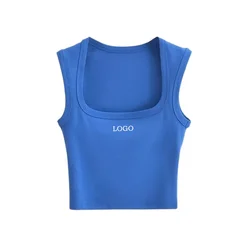 Custom LOGO Women's Cotton Polyester Slim Fit Versatile Short Open Navel Bottom Top Summer French Retro Deep Square Neck Tank