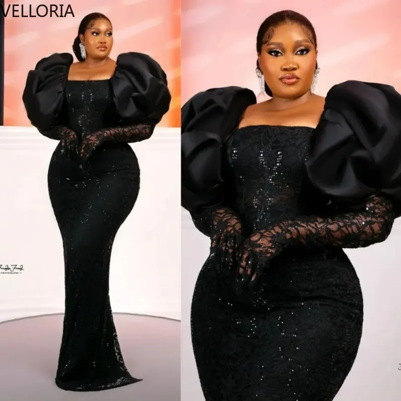 

Elegant Black Mermaid Evening Dress Long Sleeves Sheer Neck Lace Beaded Prom Gown Women Party Dress Vestdos De Fiesta Customized