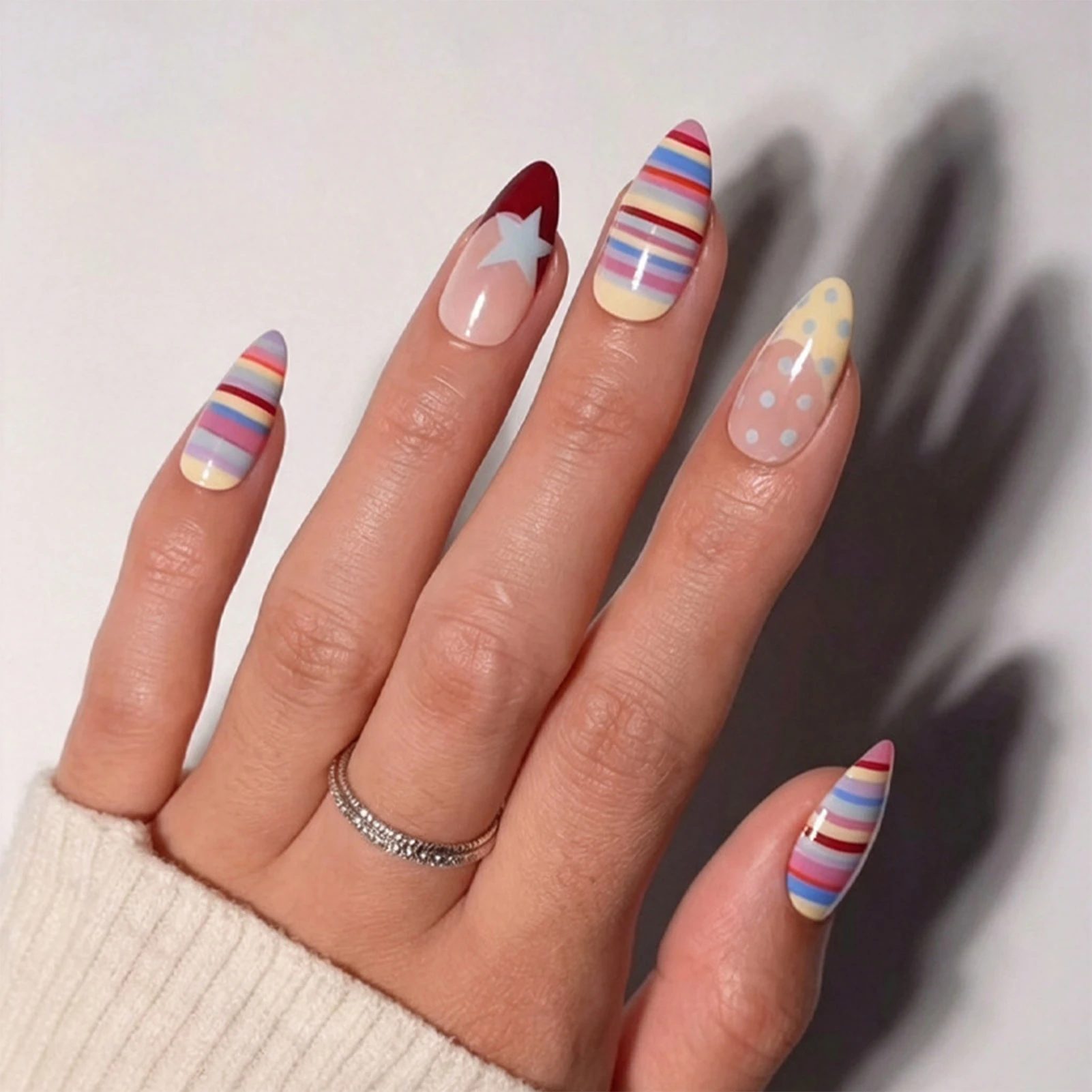 Y2K Girls Almond False Nails Patches 24Pcs Coloful Stripe Press On Nails Star/Polka Dot Printed Daily and Party Charm Nails Art