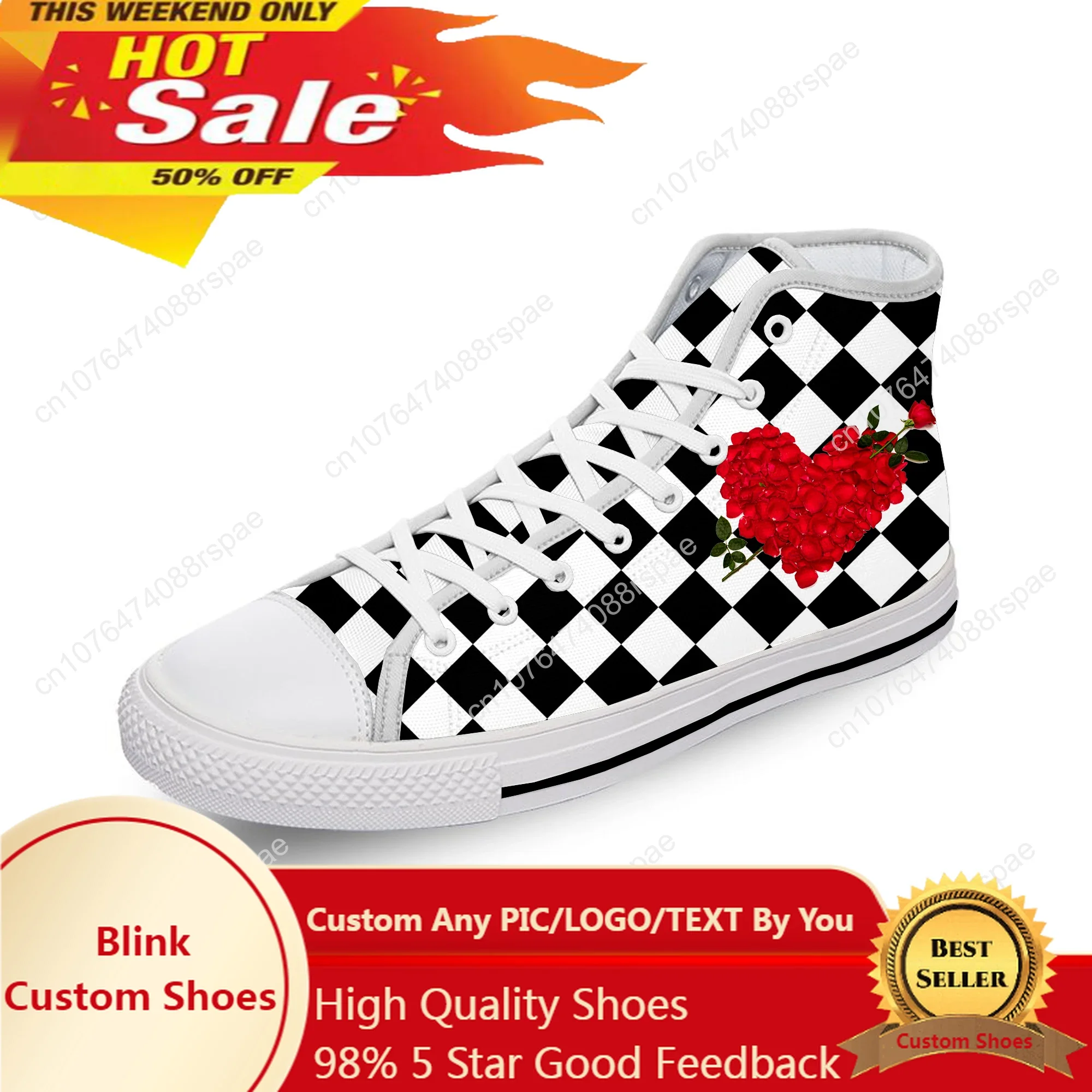 Black And White Squares Rose Flower White Cloth Fashion 3D Print High Top Canvas Shoes Men Women Lightweight Breathable Sneakers