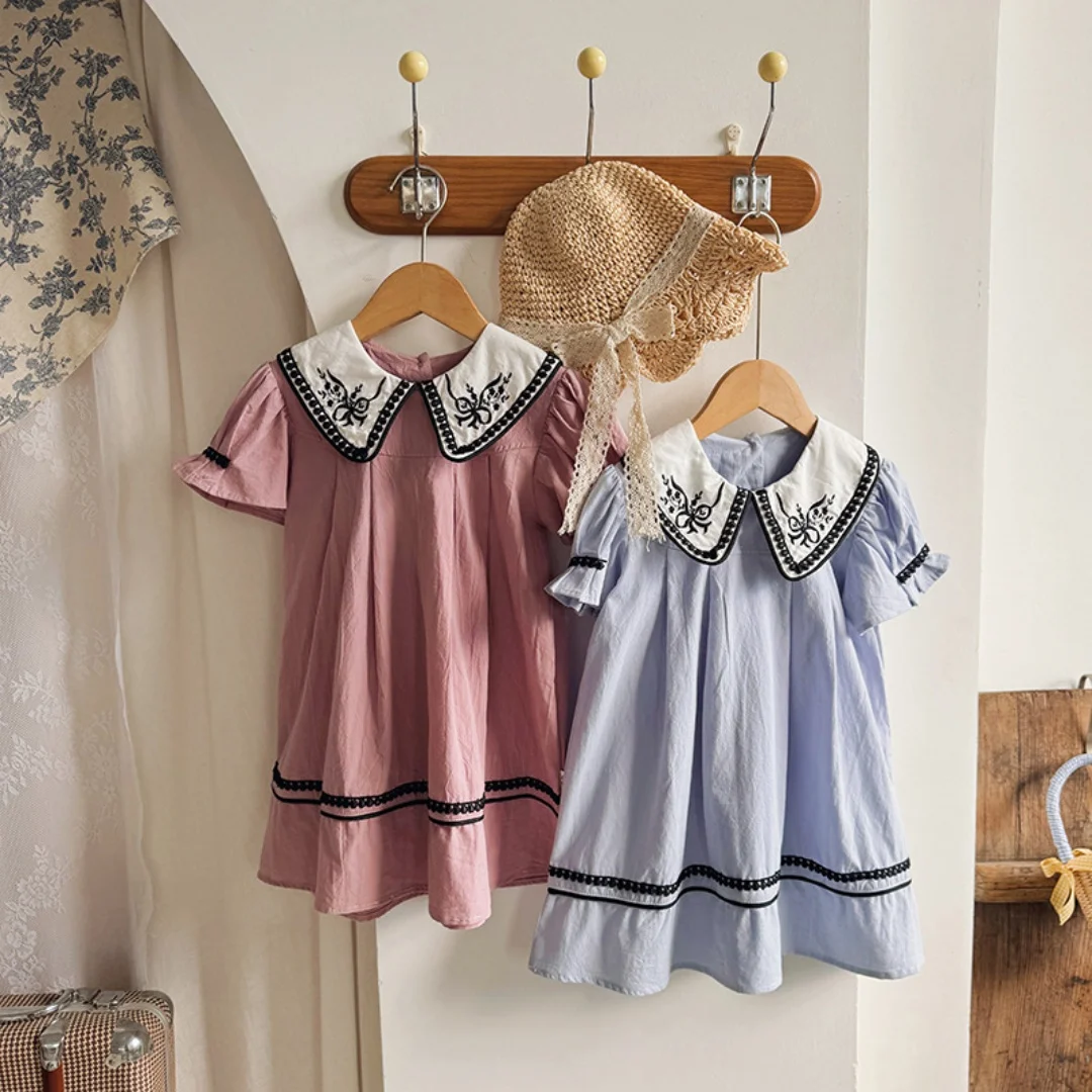 

Y2K Style Summer 2026 New Doll Collar French Embroidered Girls Dress Lace Bubble Short Sleeve Princess Skirt Children's Clothing