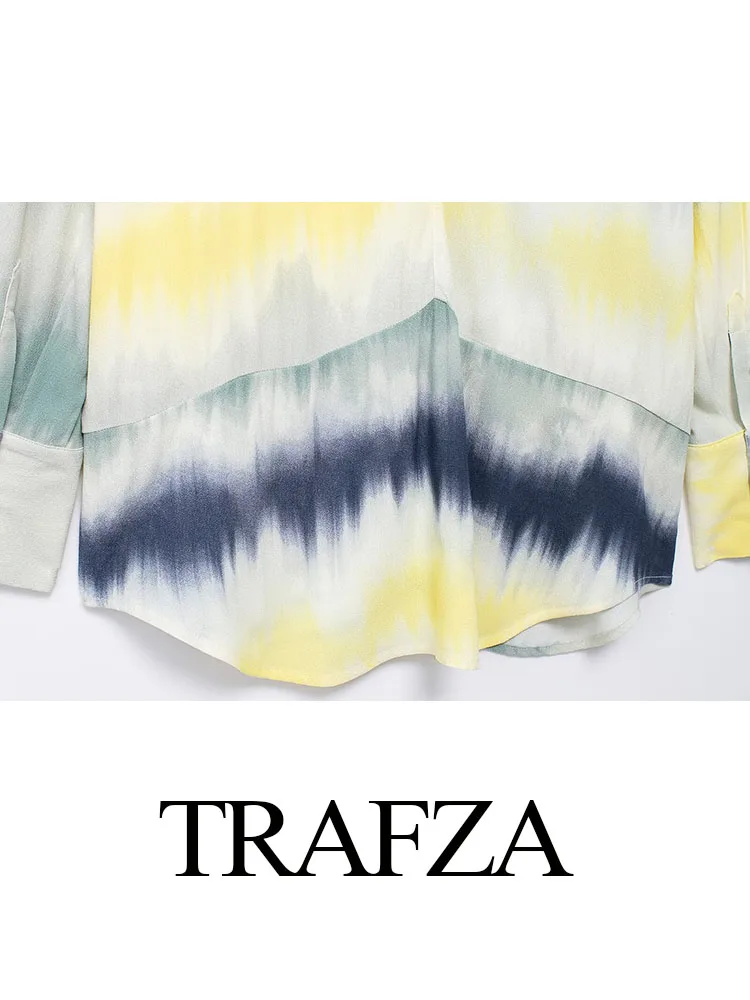 TRAFZA Summer Women Suits Tie Dye Turn-Down Collar Long Sleeves Single Breasted Shirts+Elastic Waist Lace-Up Wide Leg Pants TRAF