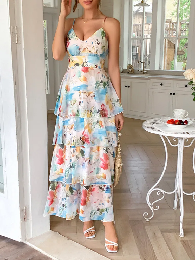 

SKMY Vacation Style Spaghetti Strap Fashion Printed Cake Dress Sleeveless V-Neck Long Dresses Women Clothing Spring Summer 2025