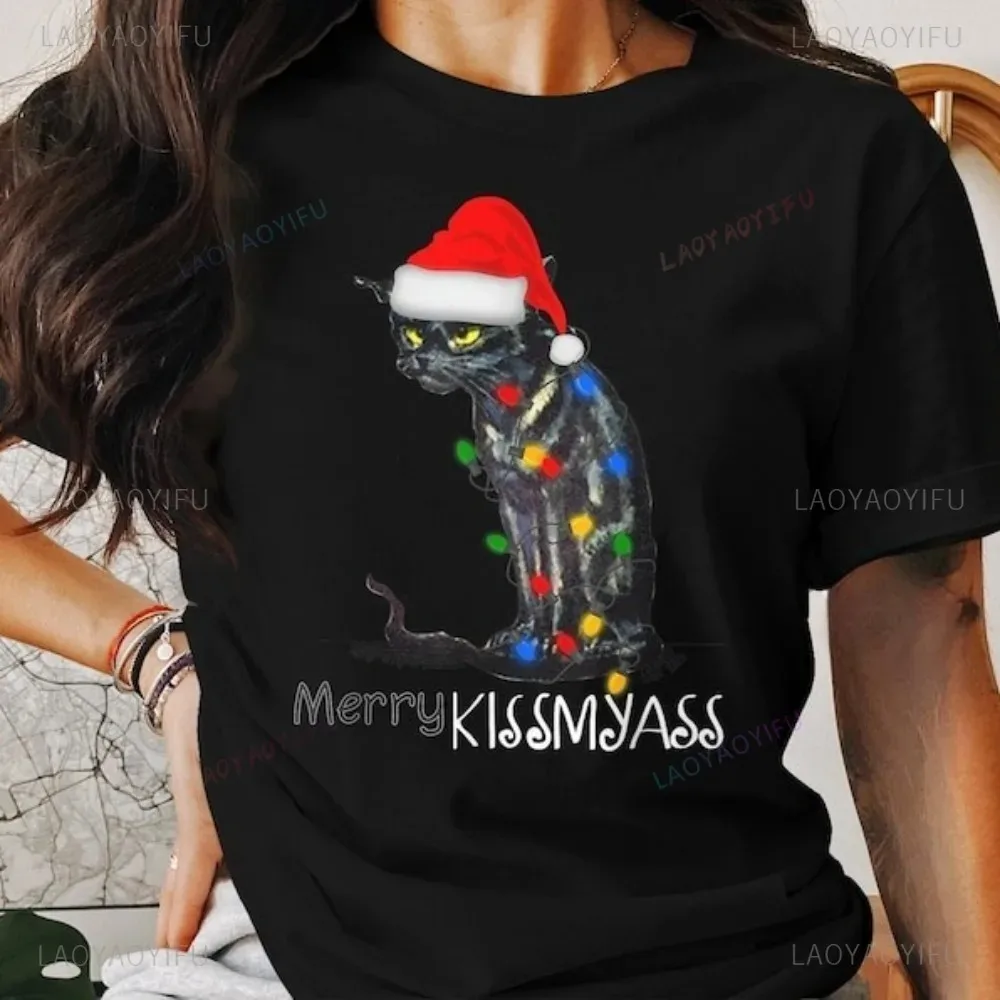 Merry Kissmyass Christmas-themed Cats Holiday Lights Tshirt Casual Fashion Loose Harajuku Women T-shirt Cotton Man Clothing