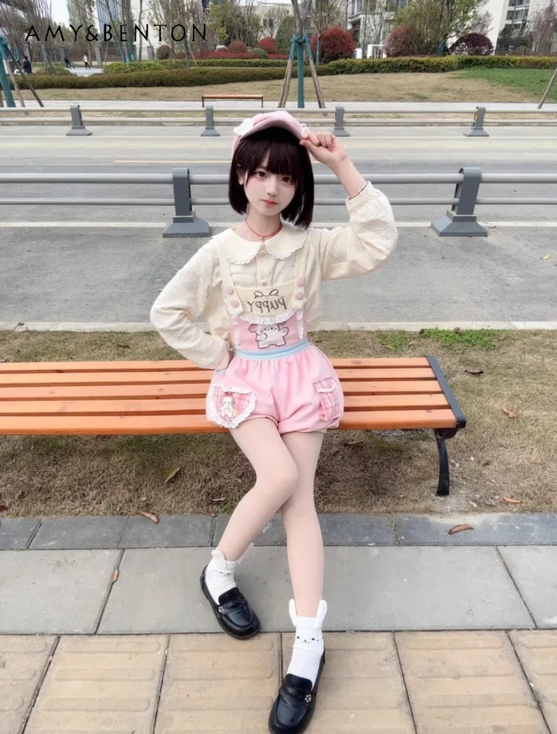 

Japanese Spring Cute Puppy Color Matching Printing Pocket Lace Edge Embroidery Design Overalls with Long-sleeved Top Set Female