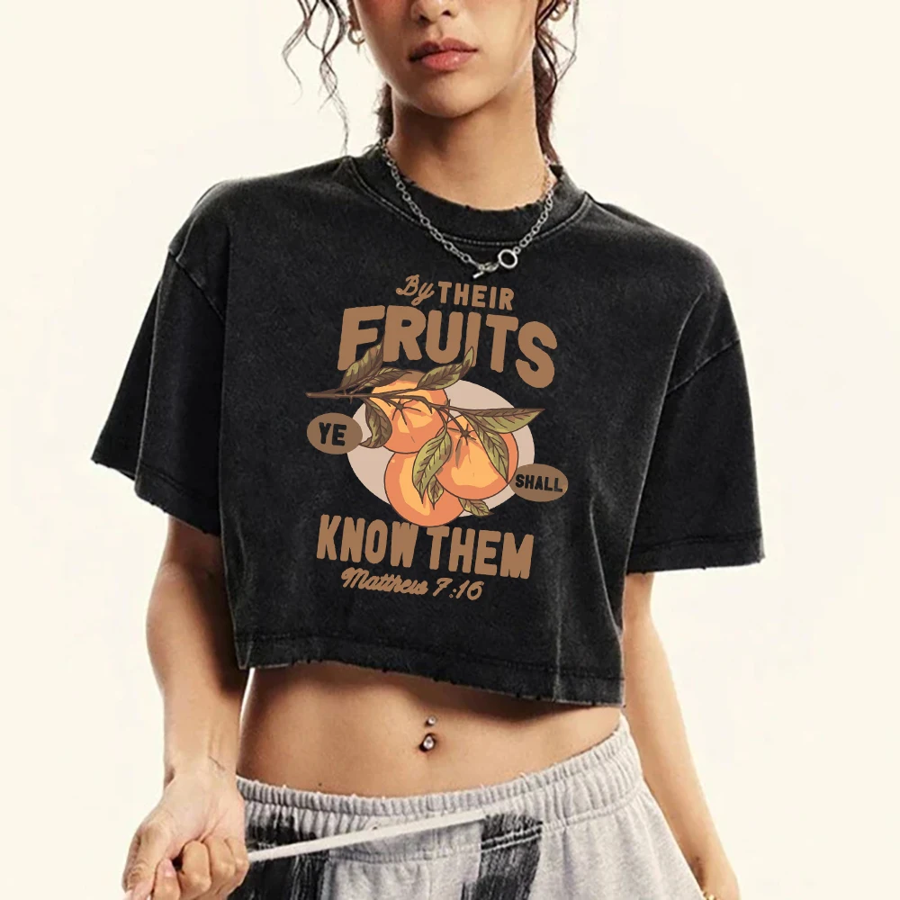 Fresh Fruits Orange Prints Washed T Shirt Womens Crewneck Fitness Short Sleeve Crop Summer Tops Cotton Casual T-Shirts Female