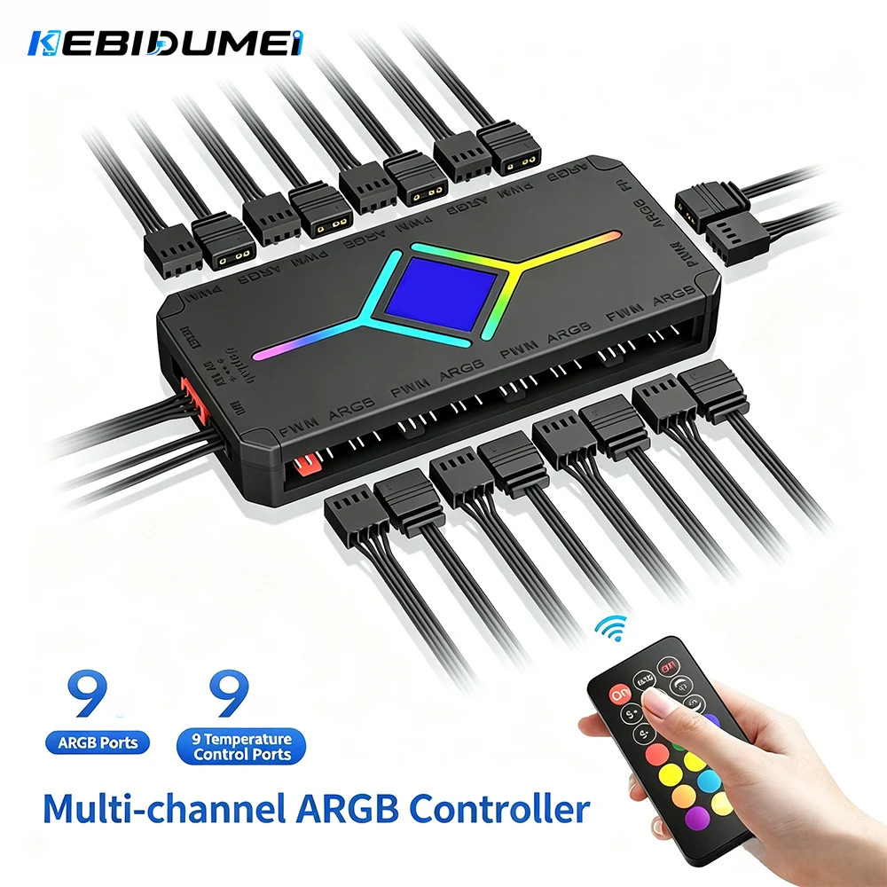 KEBIDUMEI 1 to 9 Port ARGB PWM Fan Hub Adapter with ARGB Controller 5V 3 Pin Cooling Fan Hub Splitter PWM Magnetic Suction Hub