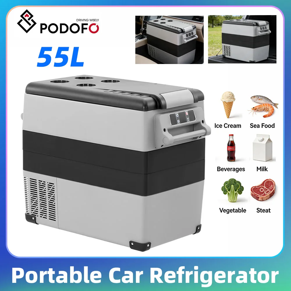 Refrigerador Portátil para Auto Podofo 35L/45L/55L, Enfriador para Viajes y Camping, Mini Nevera Congeladora Portátil con Compresor, 12/24V DC