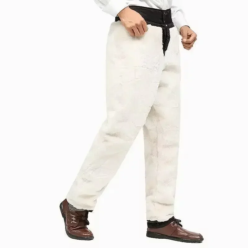 100% Genuine Sheepskin Pants Men Warm Winter High Waist Long Pants Men's Clothing Snowsuits Trousers Plus Size