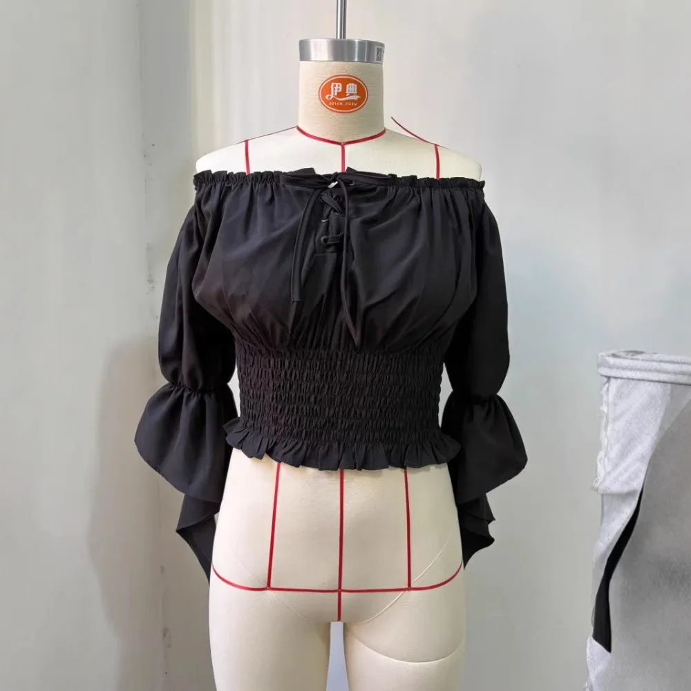 เสื้อชาวนายุคเรเนซองส์สตรีปิดไหล่ ผูกคอเดียว เสื้อแขนบาน