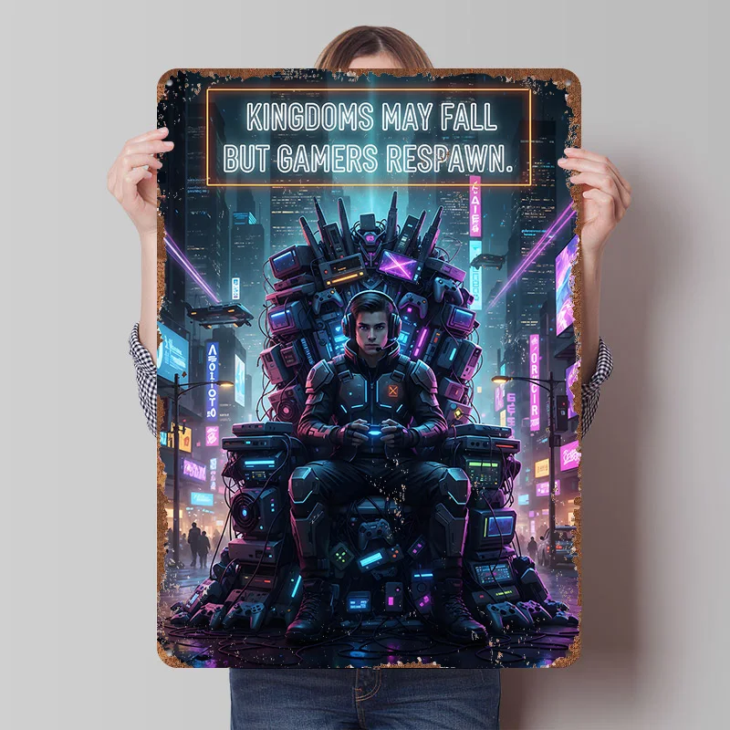Gamer King in Cyberpunk Cityscape Tin Plaque Poster Customized Wall Art Retro Vintage Metal Signs for Man Cave Office Decoration