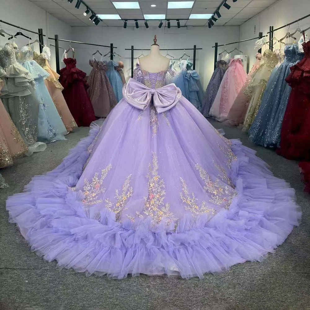 Vivid Quinceanera Dresses Purple Tulle Ball Gown Customized Off Shoulder Bow Beading Tiered Chapel Train vestido de 15 años