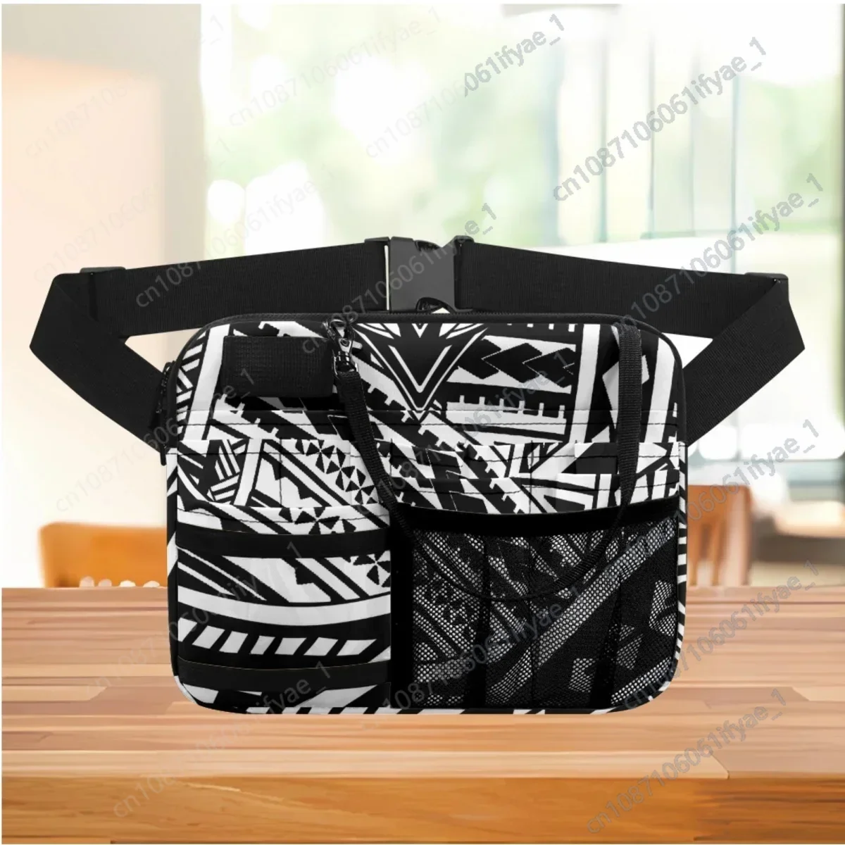 Print on Demand Nurse Waist Bag Polynesian Tribal Style Designer Fashion Medical Tool Holder Multi Compartment Utility Hip Bag