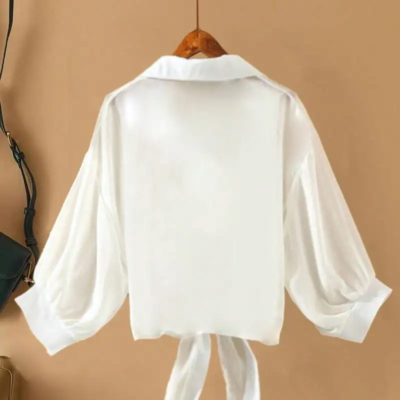 New Women's Blouse | Lightweight & Sheer, Lapel with Tie, Solid Color, Long Sleeve, Sunscreen Outerwear Shirt