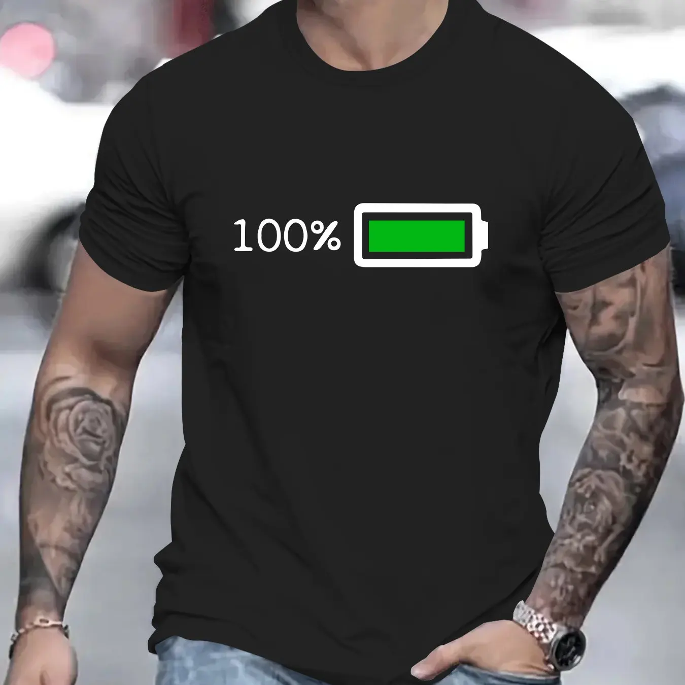 Funny Black T-Shirt with 100% Battery Charge Graphic Comfortable and Stylish Design Perfect for Tech Enthusiasts and Casual