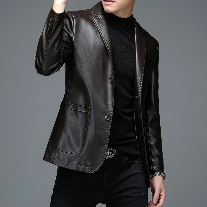 

Spring Autumn Male Leather Coat Sheepskin Fashion Slim-Fit Motorcycle Windbreaker Casual Leather Jacket Men's Suit Coat A13