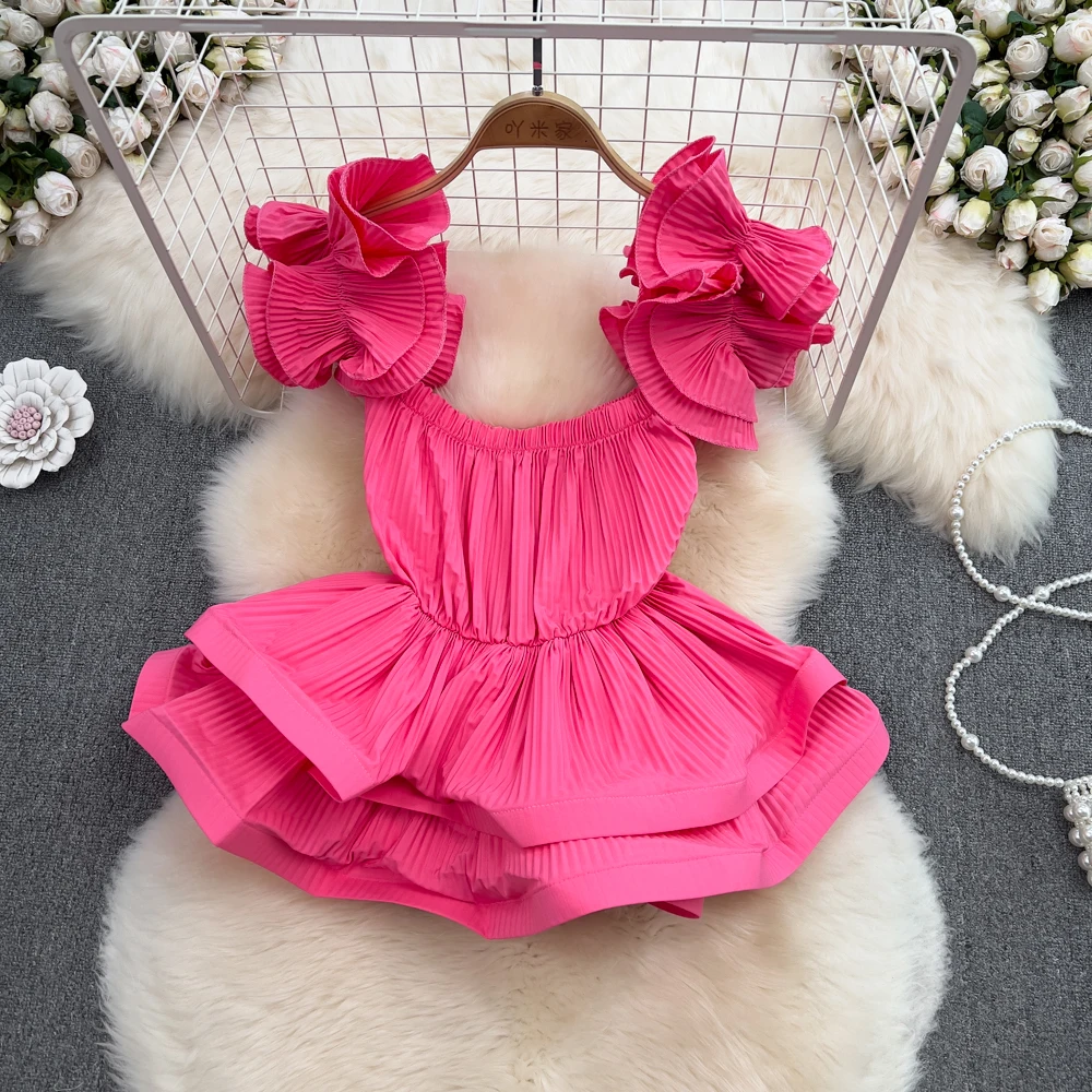 Summer New Style Versatile Pleated Wood Ear Edge Lace Up Off Shoulder Hanging Strap Waist Wrapped Chiffon Shirt Short Top