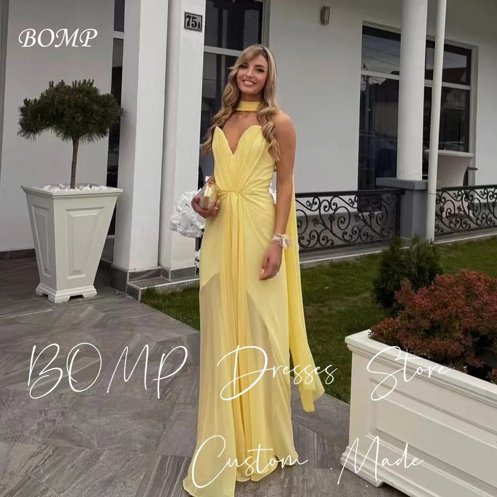 

BOMP Элегантное желтое вечернее платье с длинным шарфом без бретелек со складками длиной до пола, иллюзорные шифоновые свадебные платья по индивидуальному заказу
