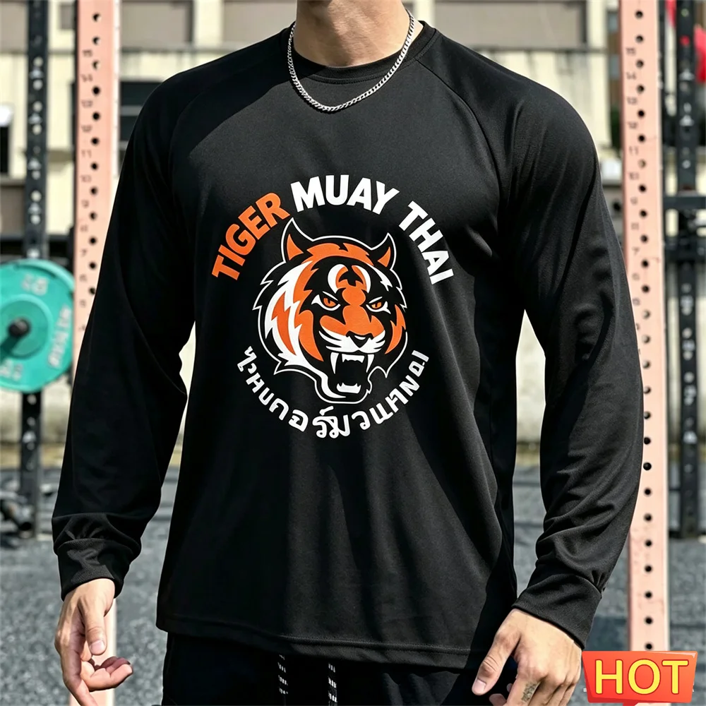 Muay Thai Men's Long sleeved T-shirt Autumn Men's Cotton T-shirt Elastic Fitness tee top Graphic Training T-shirt running Tshirt