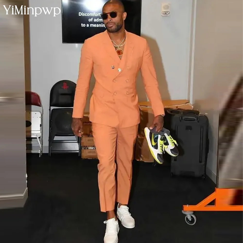 

Orange Men's Suit Grid 2 Pieces Business Casual Travel Outfits Wedding Tuxedo Loose Costume Homme Clothing Groomsmen Suit
