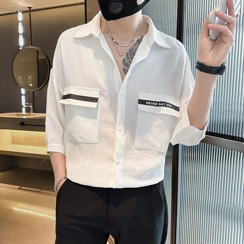 Fashion Lapel Button Spliced Pockets Casual Shirts Men\'s Clothing 2024 Spring Summer New Loose All-match Tops Korean Shirts