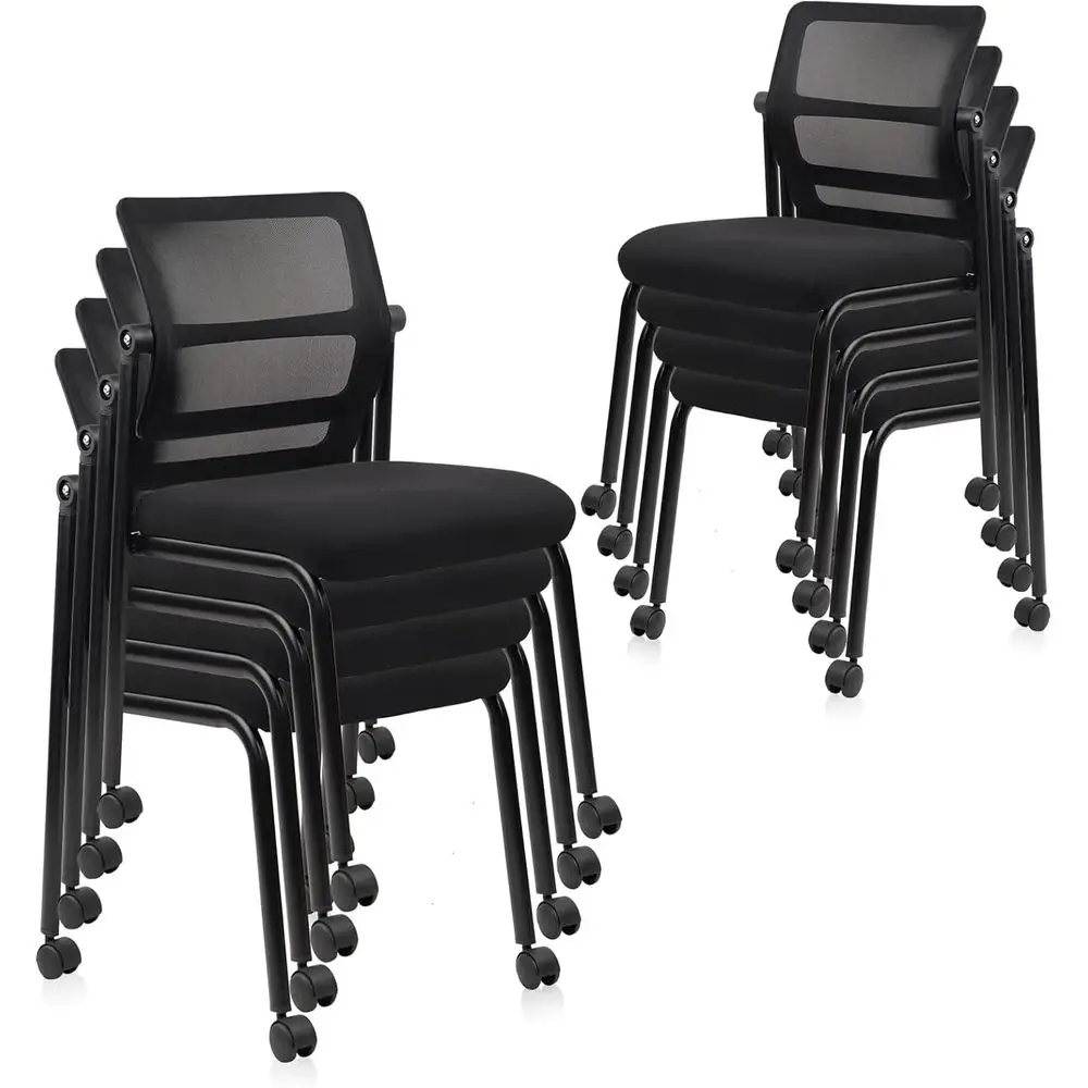 

Черные штабелируемые сетчатые офисные стулья для комнаты ожидания с регулируемой спинкой и колесами, 8 шт. для школьного вестибюля для конференций