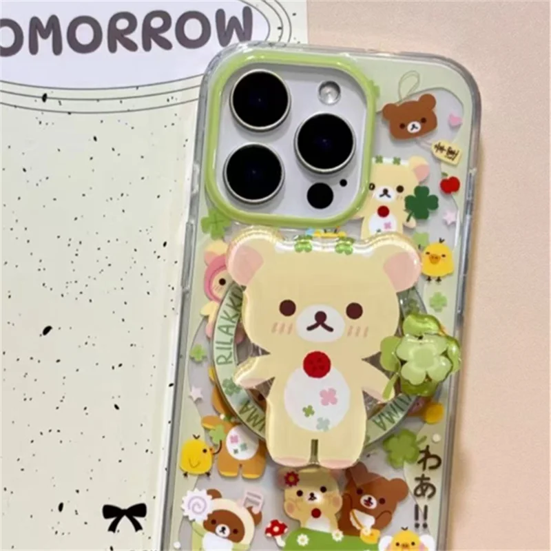 Magnetische Schutzhülle mit bemaltem vierblättrigem Kleeblatt-Bären-Design und drehbarem magnetischem Halter für iPhone 12, 13, 14, 15, 16, 17, 18 Pro Max. – Detail 5