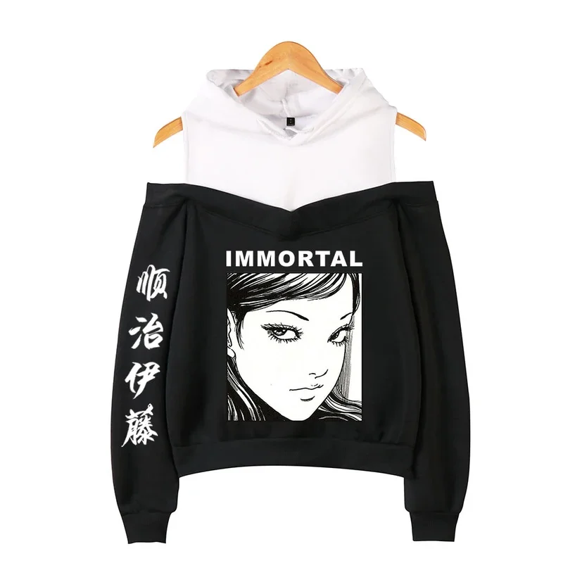 Junji ito Hoodies Japan Anime Frauen schulter freie Hoodie Terror Filme Kreativität versch witzt Harajuku Mode schulter freie Kleidung