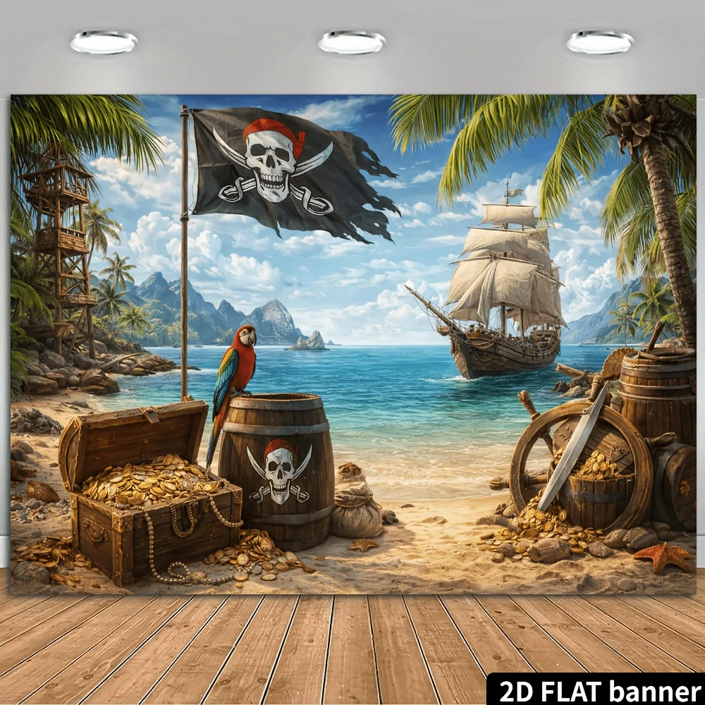 2D-Hintergrundstoff mit Piraten-Strand-Segelthema, Totenkopf-Piratenflagge, Vintage-Piratenschiff