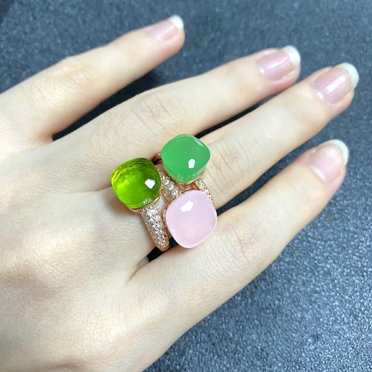 

3Pcs/Set Candy Color Square Ring Stacked Inlay Zircon Rose Gold Plated Pink Crystal Ring For Women Fashion Jewelry