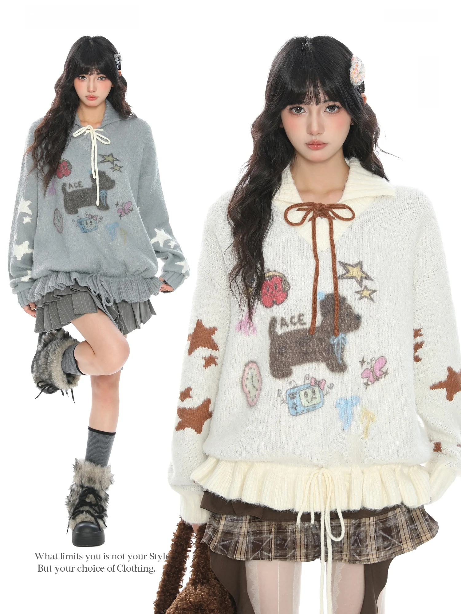 

Мягкий уютный вязаный свитер женский осенне-зимний, свободный крой, с милым узором в виде собачек, теплый топ с V-образным вырезом, длинный рукав