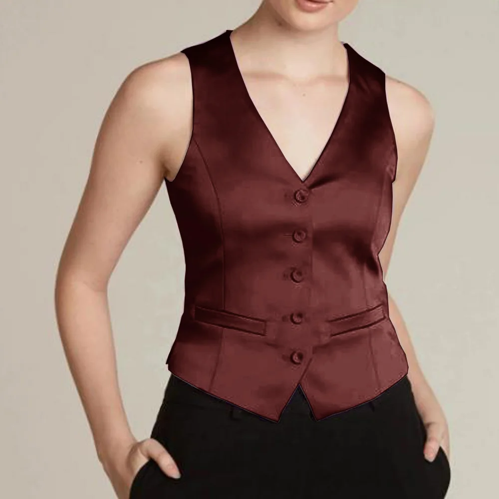 Veste en fibre de satin à col en V pour femme, gilets classiques, haut en émail à simple boutonnage, nouveau en combiné, mode