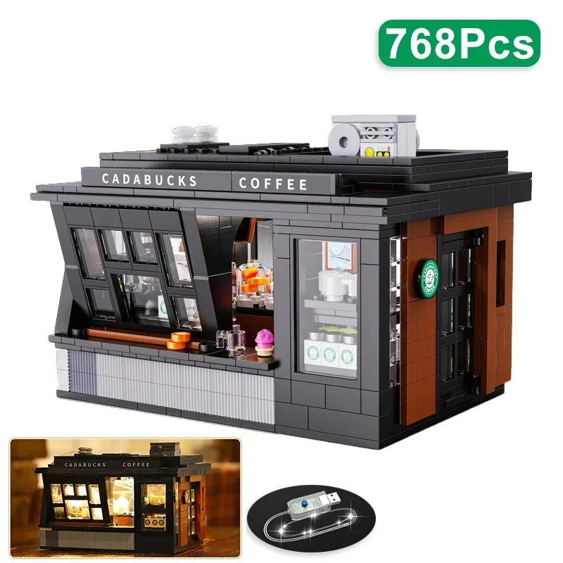 

MOC City 768Pcs Coffee Shop House Lights Model Building Blocks Street View Cafe Store Assemble Bricks Toys Kids Adult Gift