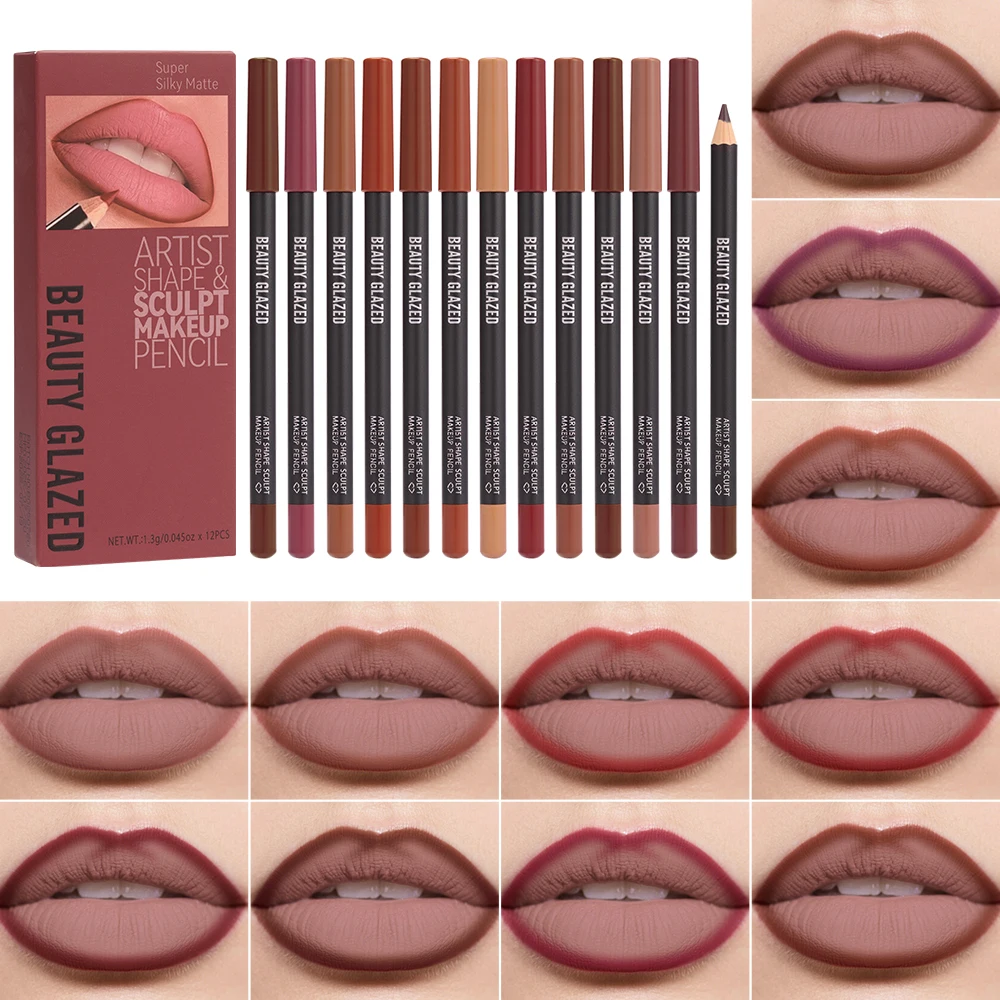 12 pezzi/set set di matite per labbra scolpite a forma di artista, fodera precisa senza peso con texture super morbida e sfumabile, morbida opaca