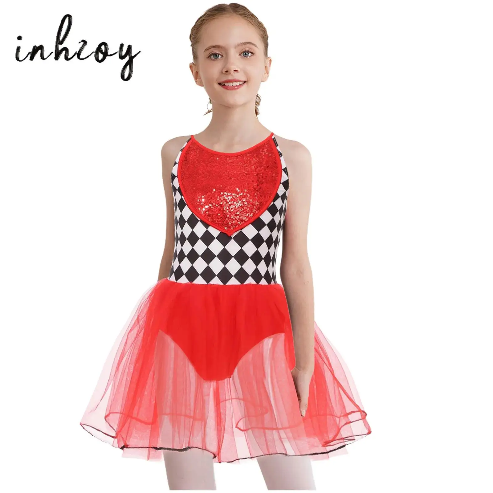 

Girl's Movie Character Clown Cosplay Costume Cami Dresses Sequins Checkerboard Tutu Dress Halloween Role Play Dress Up Costume