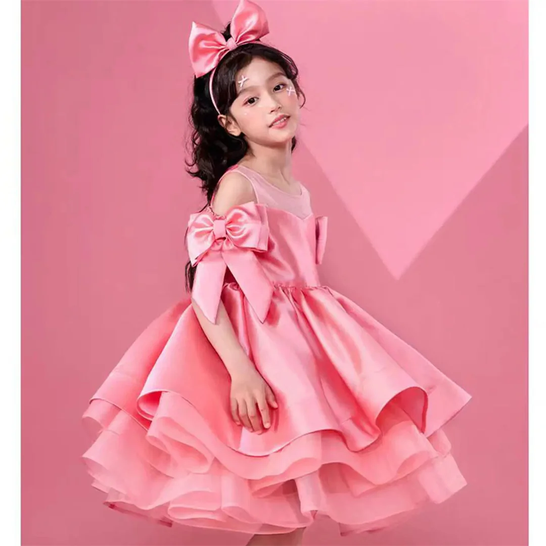 Customized 2025 Pink Flower Girl Dress For Wedding Satin Cute Bow Puffy Elegant Kids Birthday First Communion Ball Gown