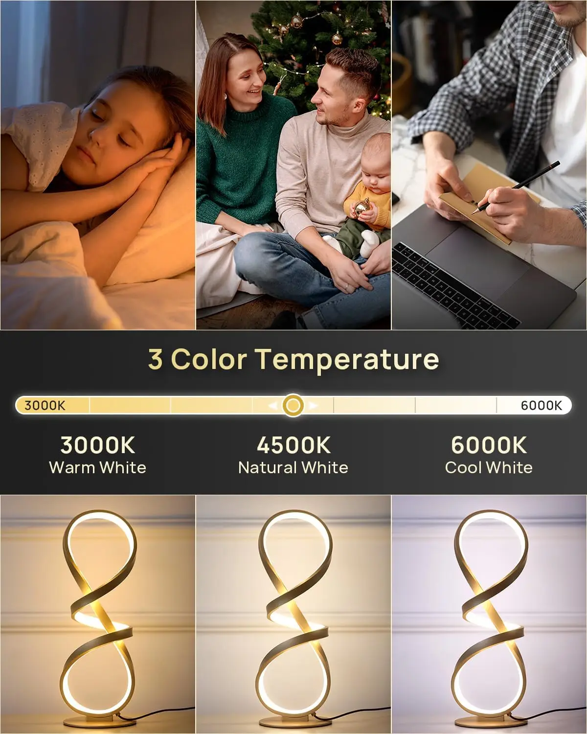 2 Pack LED Touch Dimmable Spiral Table Lamps, 3 Color Temp, Modern Gold Nightstand Lamps for Bedroom, Living Room, Ideal Gift