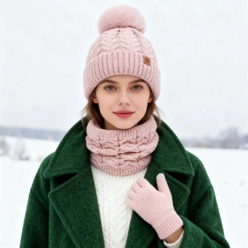 Soft Winter Accessories 3pcs Women Winter Hat Scarf Gloves Set Twist Texture Plush Ball Decor Brimless Touchscreen Warm