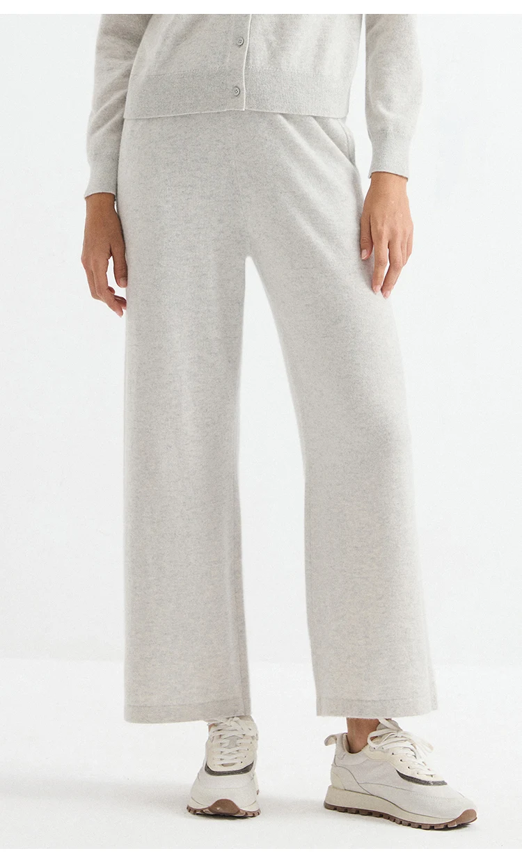 BD3621836 Damen 100% Kaschmir Strickhose mit Weitem Bein, Elastischem Bund, Gesäßtasche, Kettenabzeichen, Weiche Entspannte Passform für den Frühherbst – Detail 6