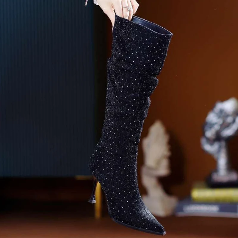 Bling Sexy Jolie tu Parker Bottes Hautes pour Femmes, Talons Hauts Plissés, Chaussures Tendance Femme, Genou Haut, StephanSnow Botas Escarpins, Hiver 2025, Nouveau