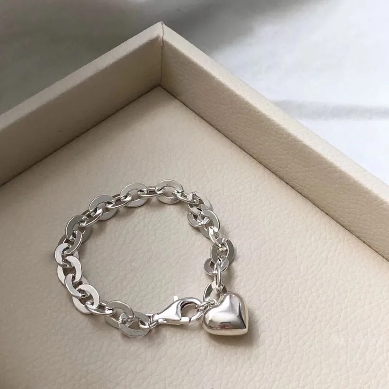 925 Sterling Silver Bracelets for Women Men Accessories Trendy Vintage Simple Vintage Heart Pendant Party Jewelry